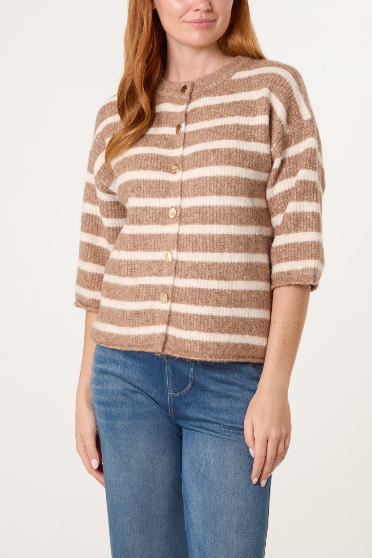 3/4 Sleeve Striped Knit Cardigan
