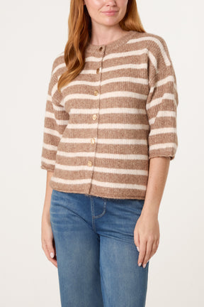 3/4 Sleeve Striped Knit Cardigan