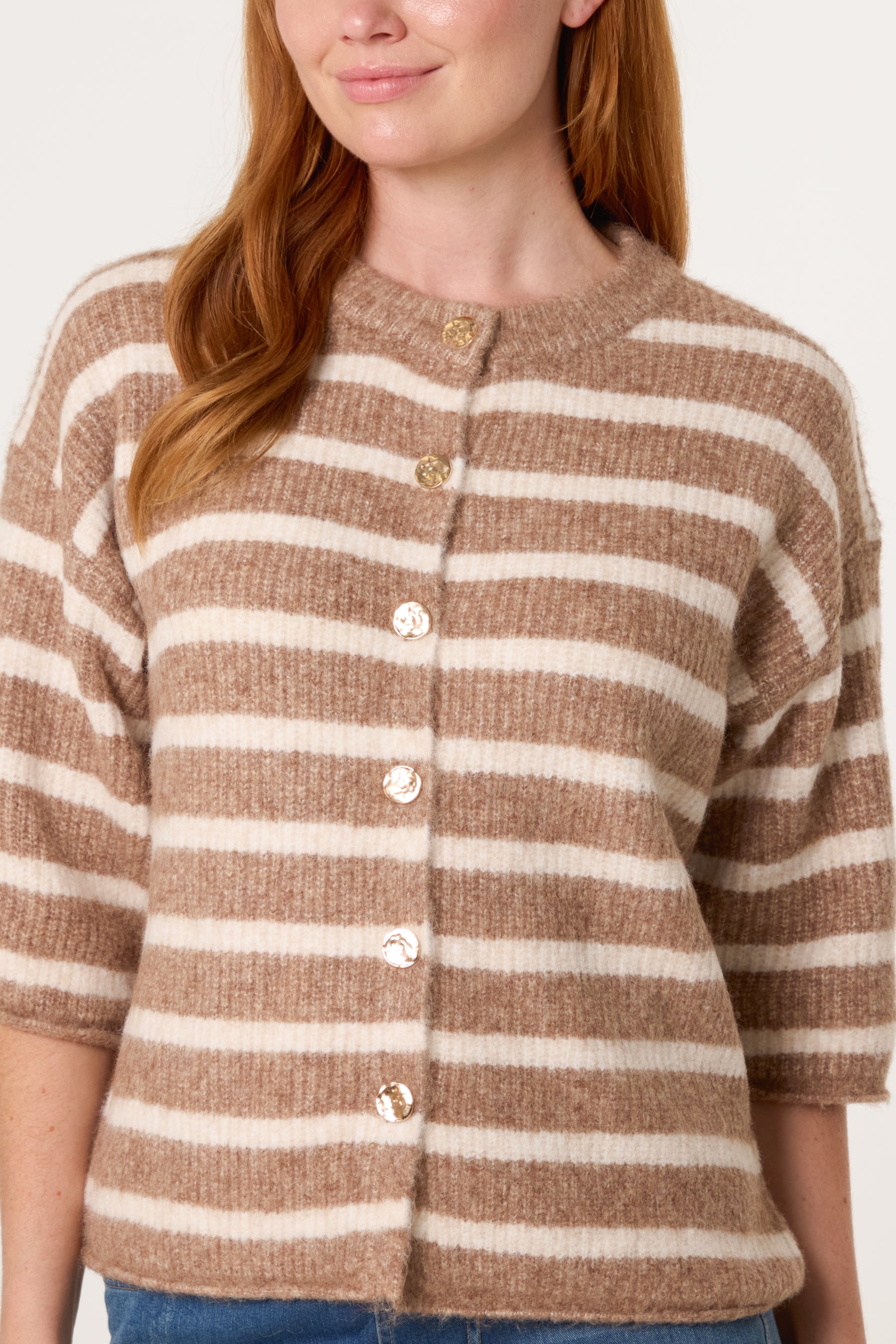 3/4 Sleeve Striped Knit Cardigan