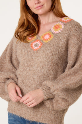Flower V-Neck Knit Jumper