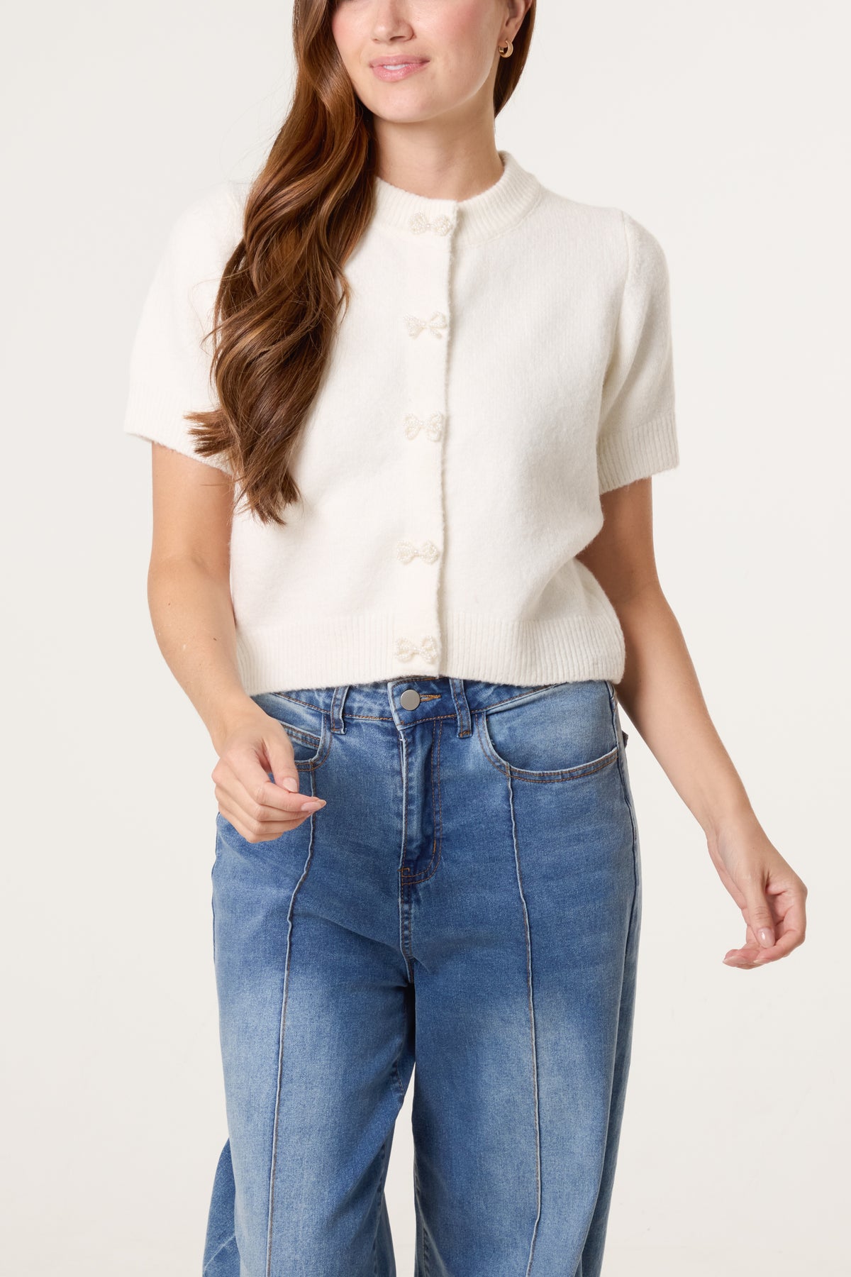 Pearl Bow Button Knit Cardigan