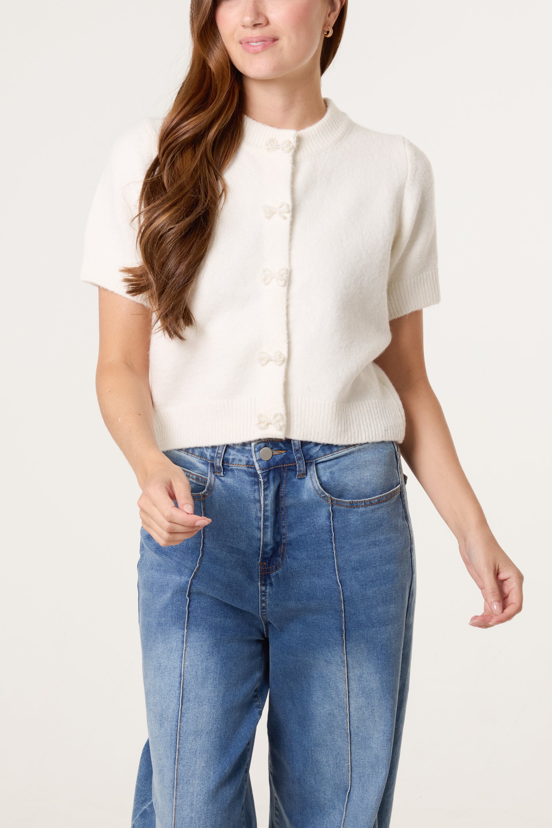 Pearl Bow Button Knit Cardigan