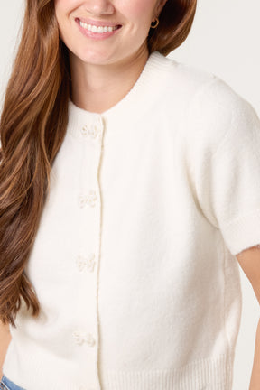 Pearl Bow Button Knit Cardigan