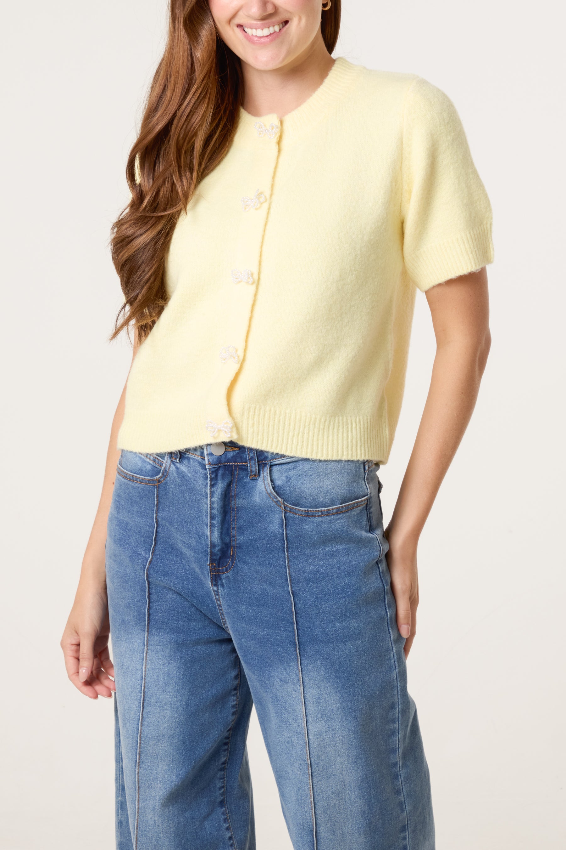 Pearl Bow Button Knit Cardigan