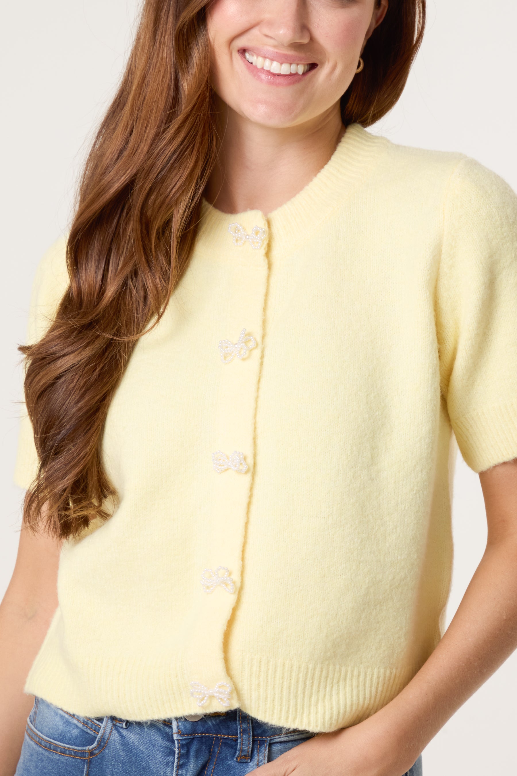 Pearl Bow Button Knit Cardigan