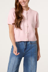 Short Sleeve Fluffy Pearl Cardigans