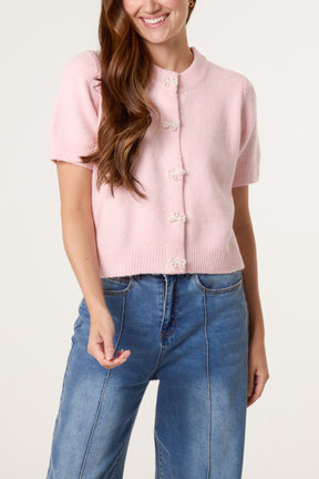 Short Sleeve Fluffy Pearl Cardigans