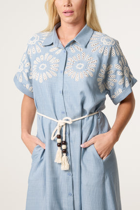 Floral Cutwork Embroidery Tassel Belt Dress