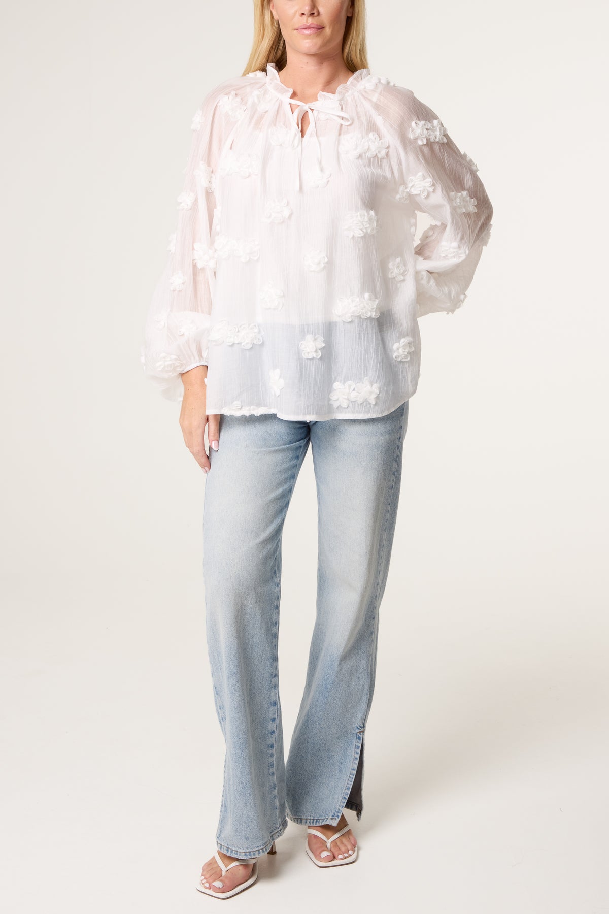 Ruffle Tie Flower Cotton Blouse
