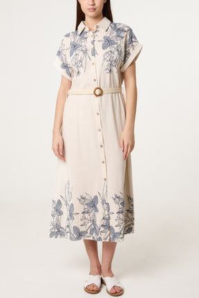 Fine Line Floral Belted Linen Dress