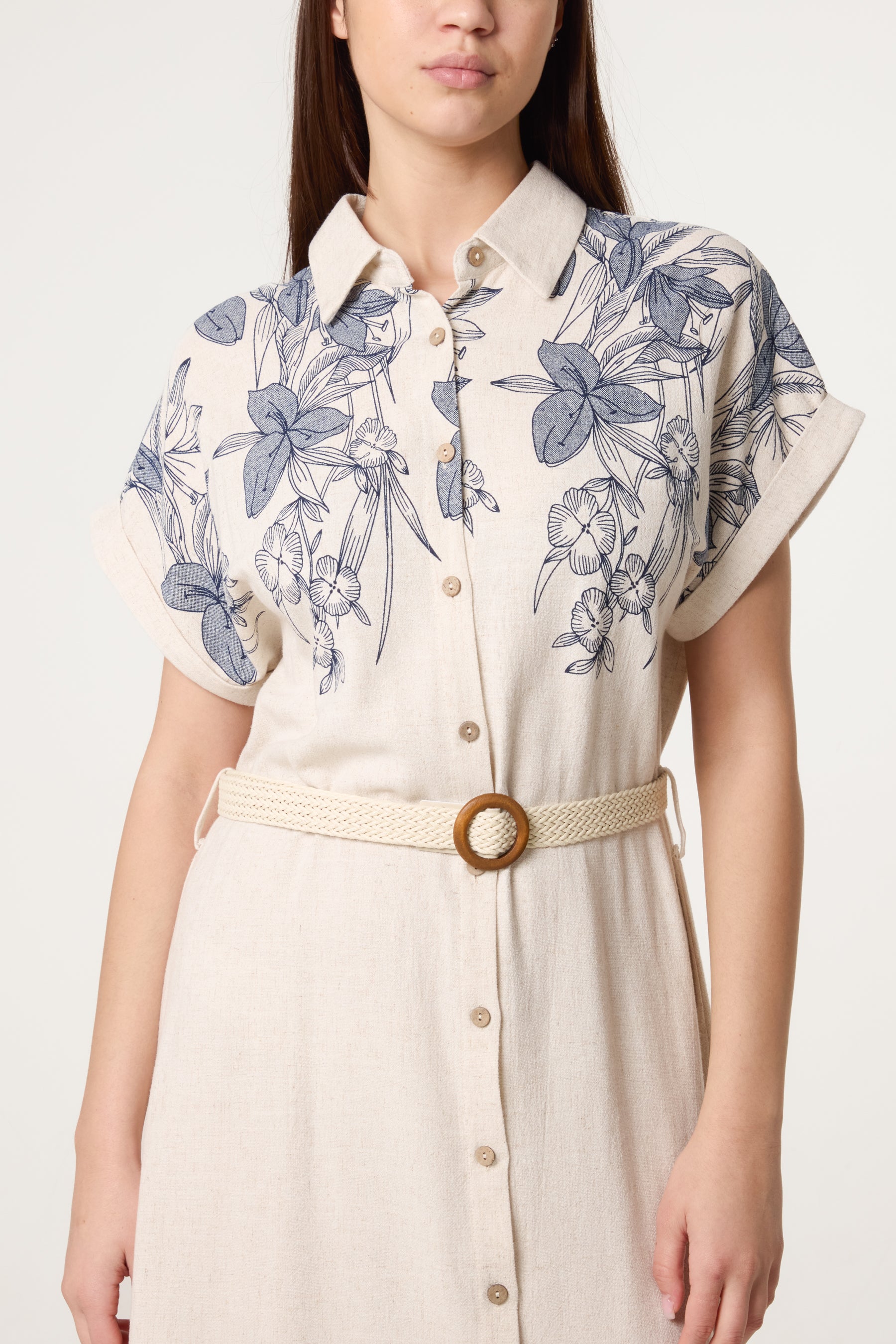 Fine Line Floral Belted Linen Dress
