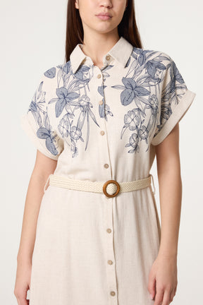 Fine Line Floral Belted Linen Dress