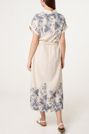 Fine Line Floral Belted Linen Dress