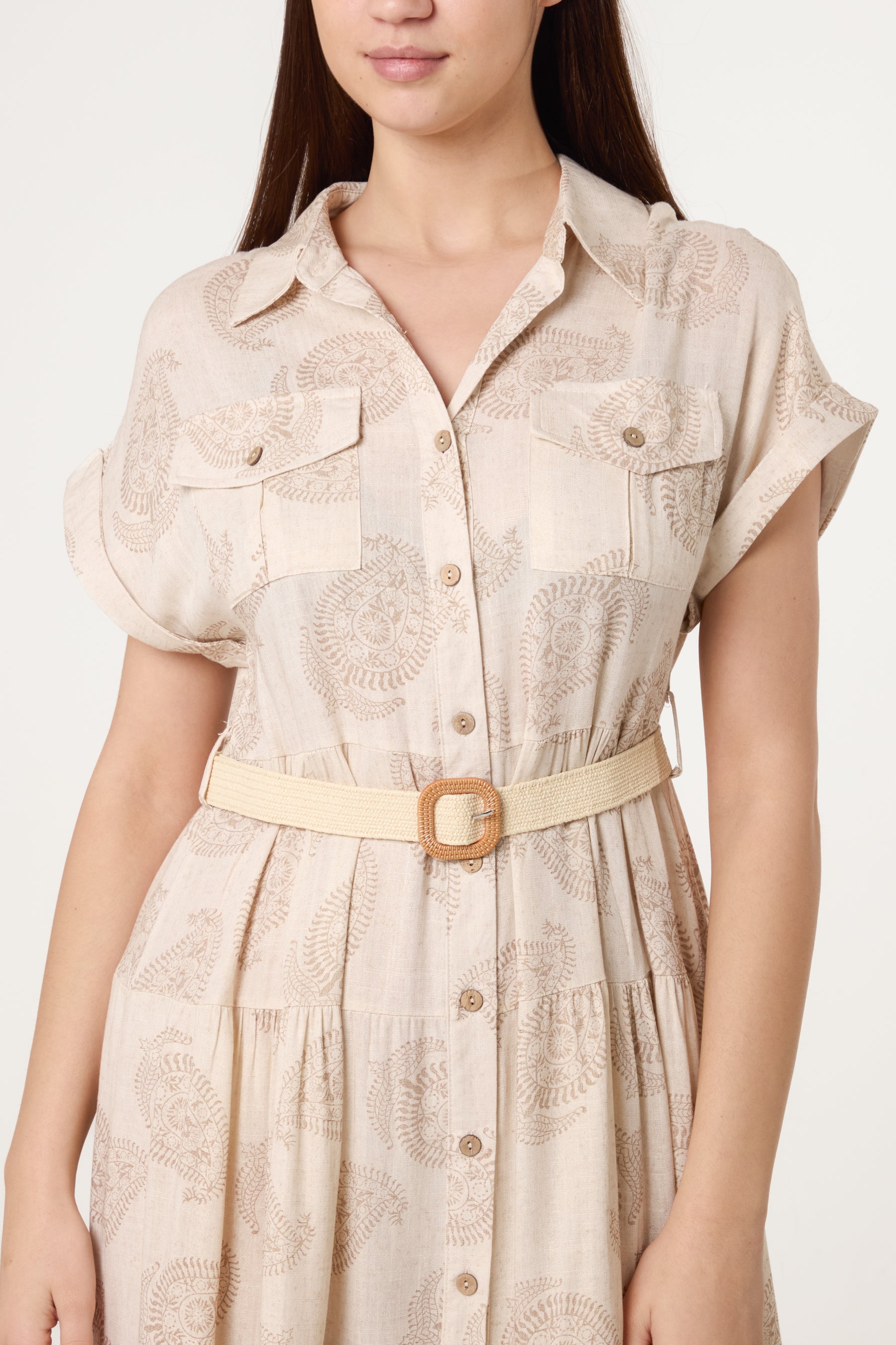Paisley Print Belted Linen Dress