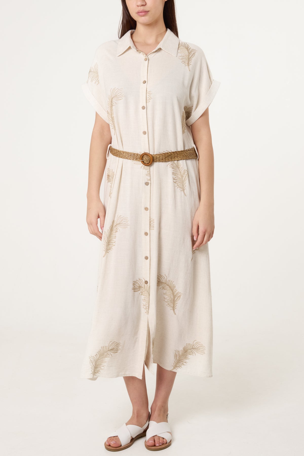 Feather Embroidery Belted Linen Dress