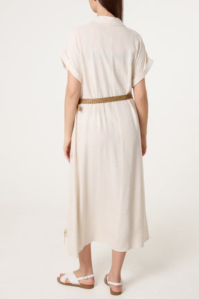 Feather Embroidery Belted Linen Dress