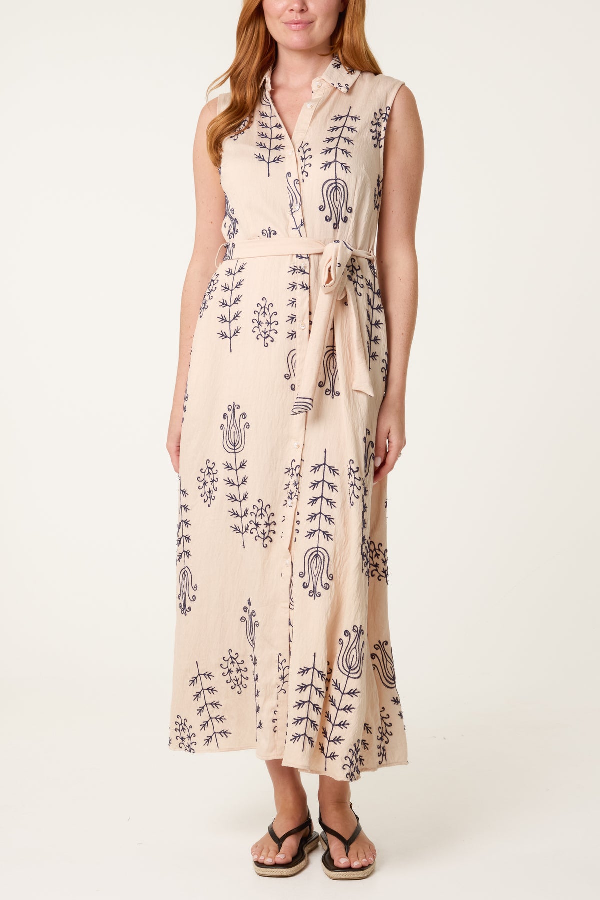 Embroidered Tie Front Midi Dress