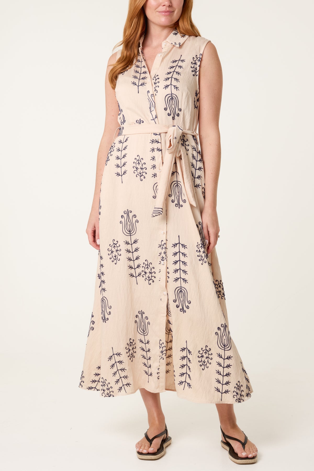 Embroidered Tie Front Midi Dress