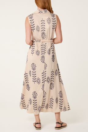 Embroidered Tie Front Midi Dress