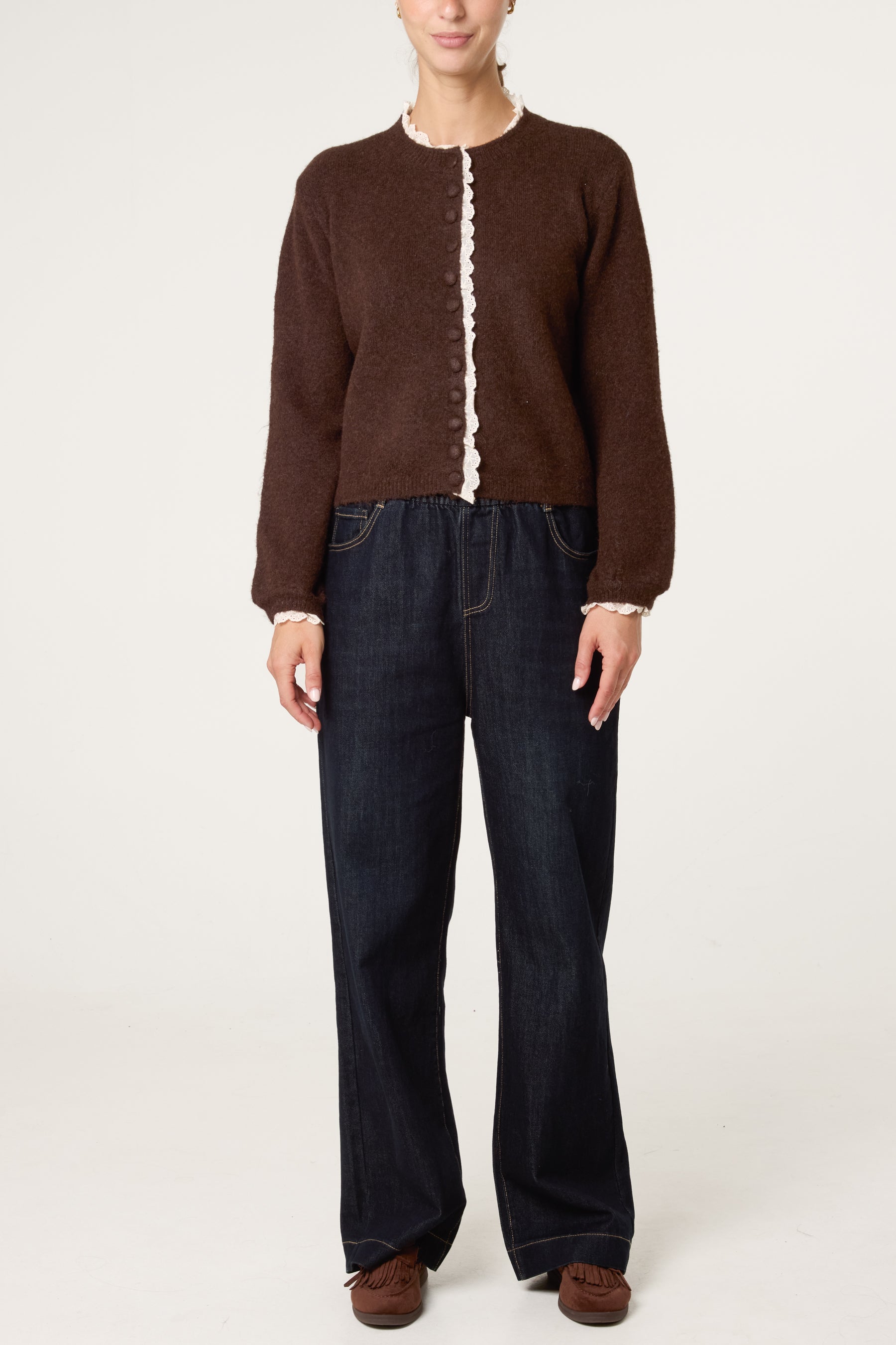 Broderie Anglaise Trim Knit Cardigan