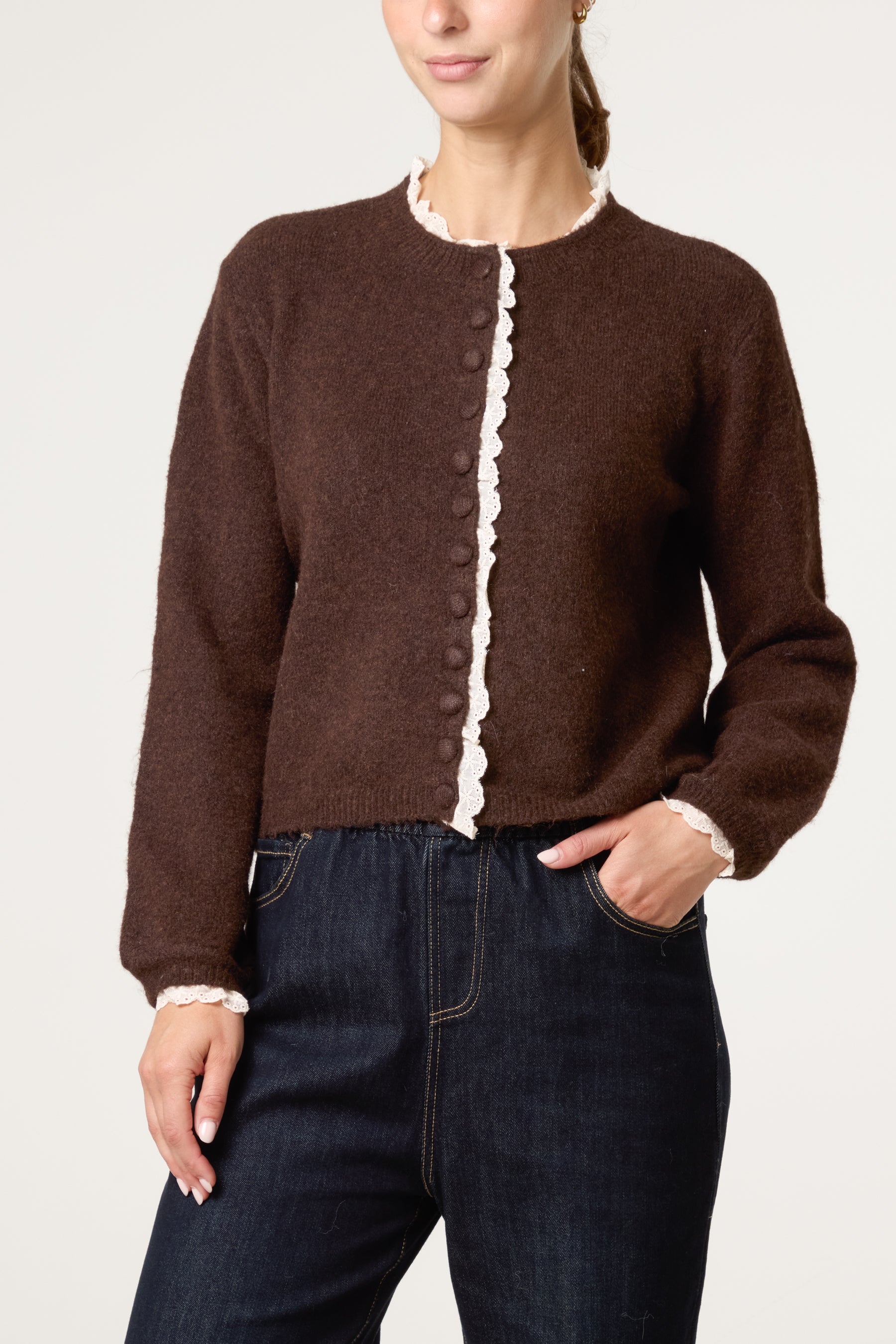 Broderie Anglaise Trim Knit Cardigan