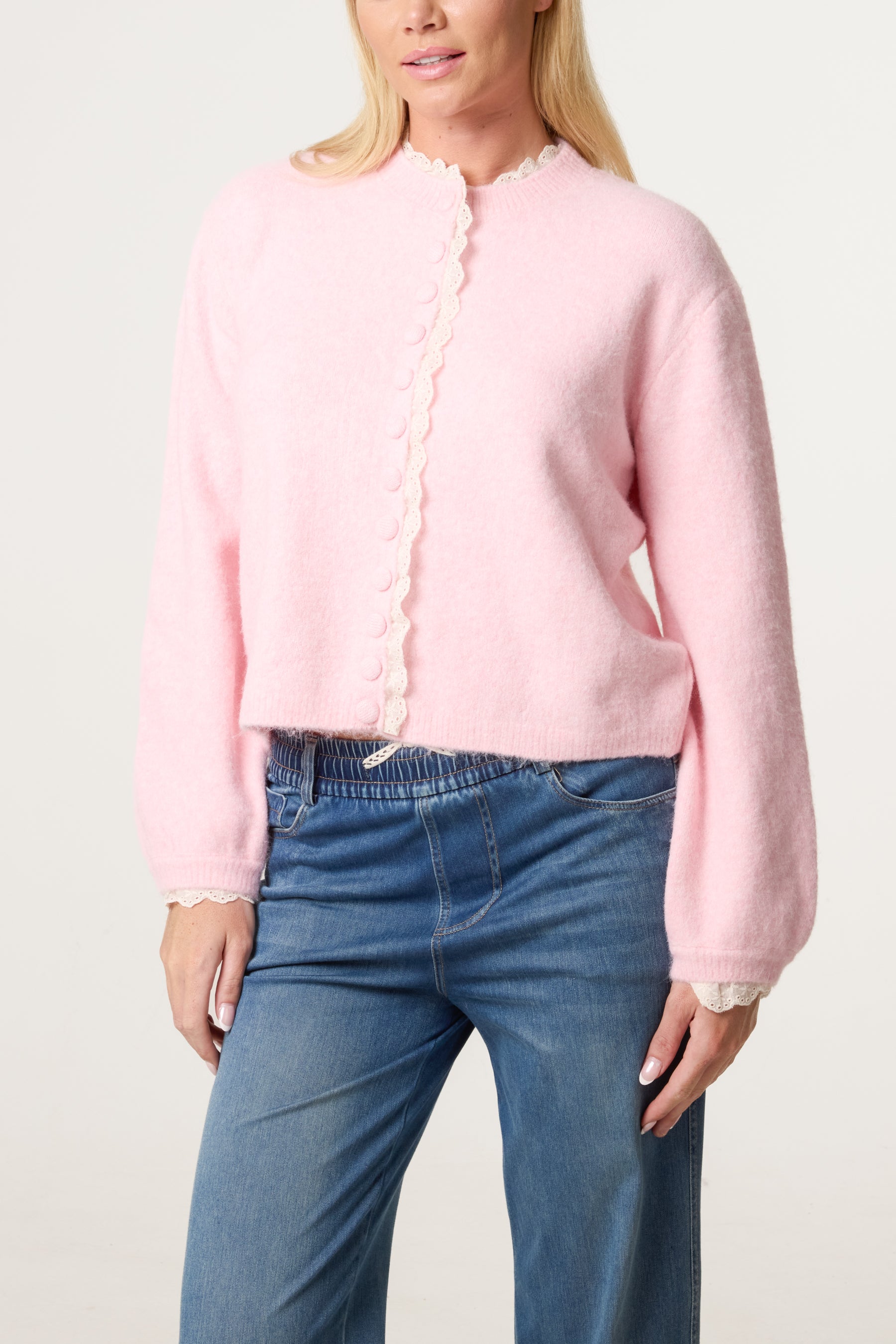 Broderie Anglaise Trim Knit Cardigan