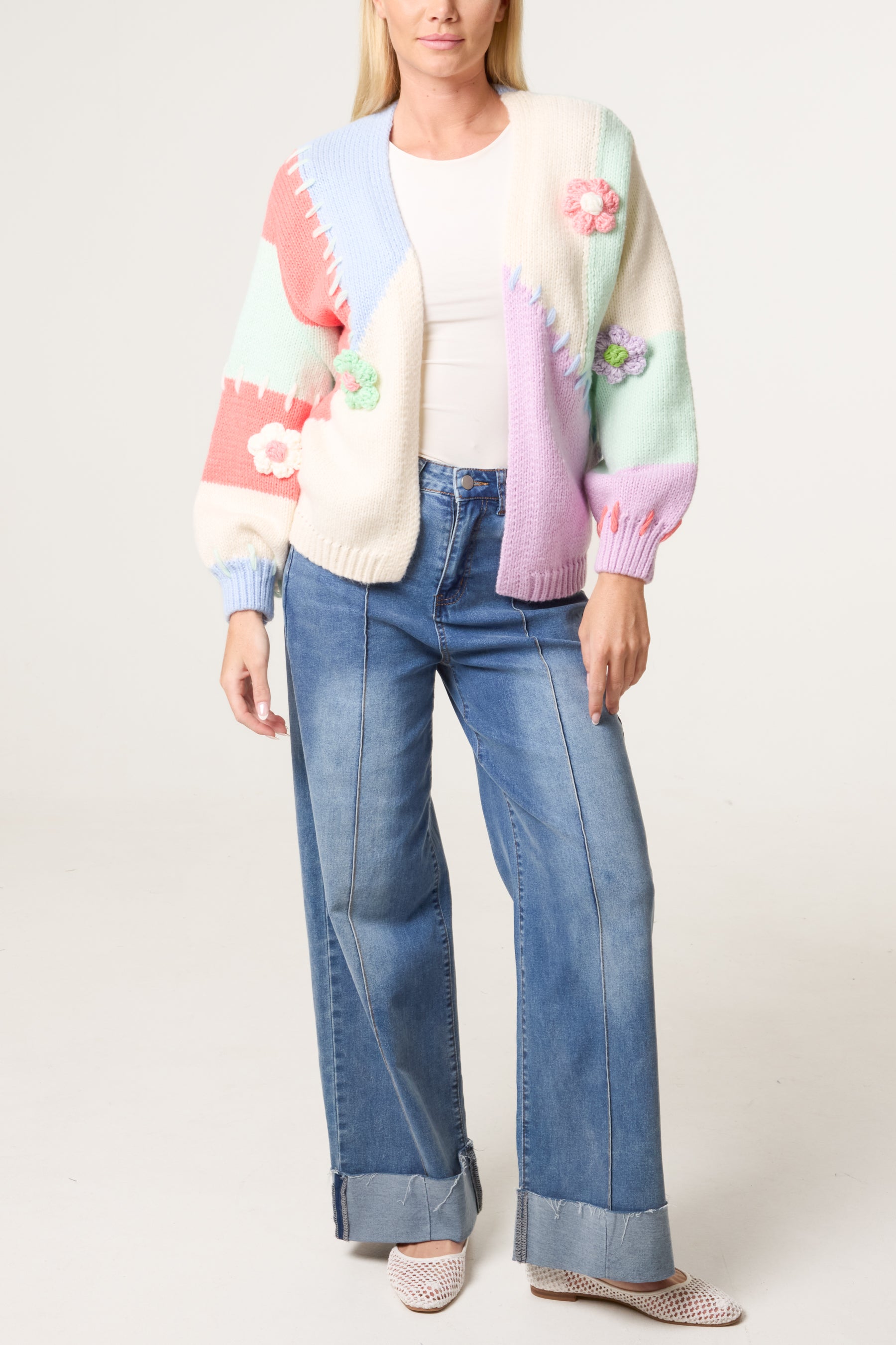 Stitch Colour Block Knit Flower Cardigan