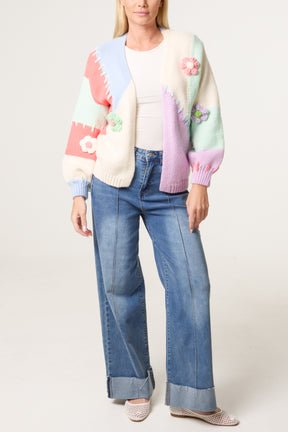 Stitch Colour Block Knit Flower Cardigan