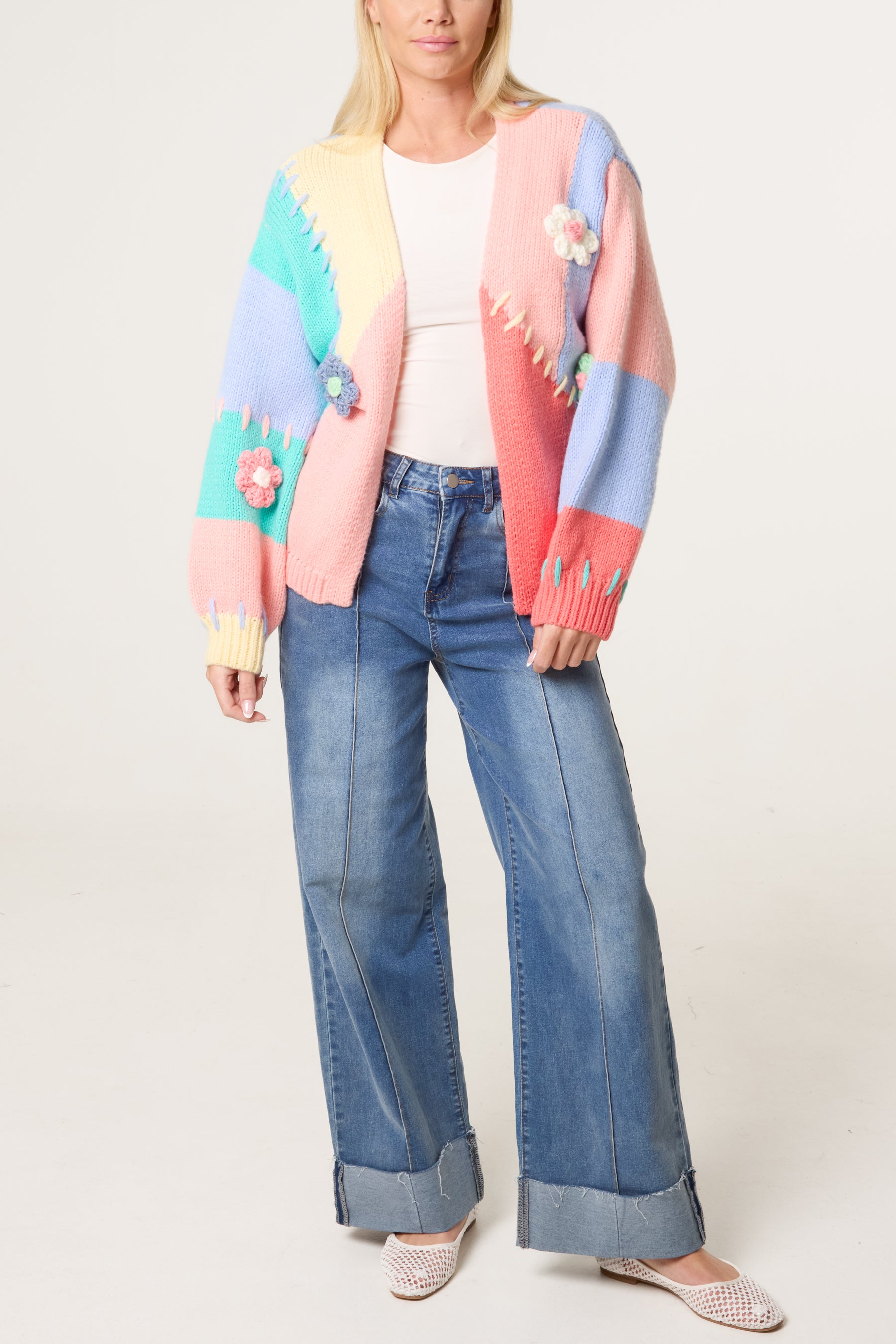 Stitch Colour Block Knit Flower Cardigan