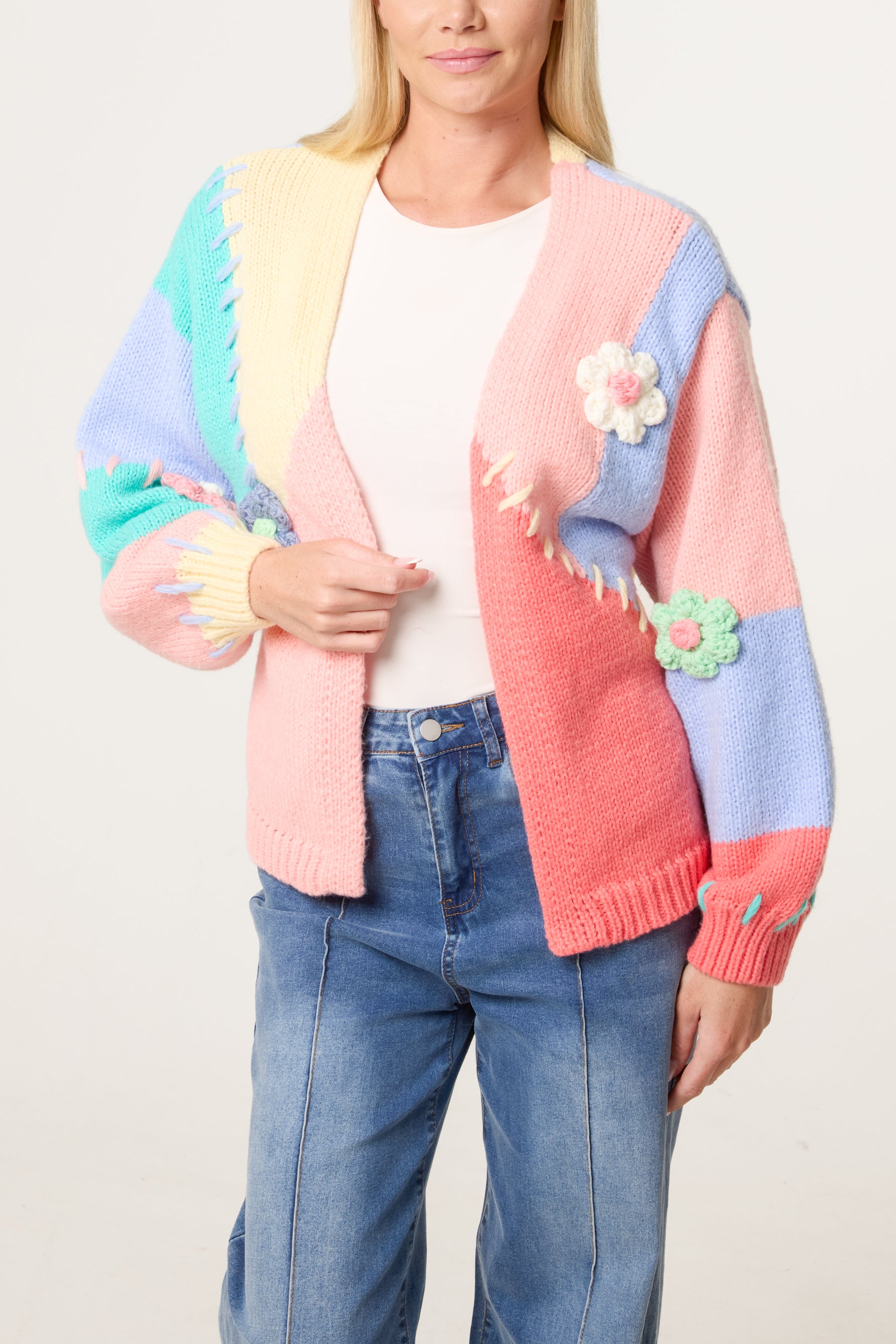 Stitch Colour Block Knit Flower Cardigan