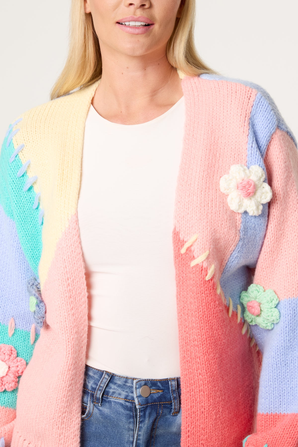 Stitch Colour Block Knit Flower Cardigan