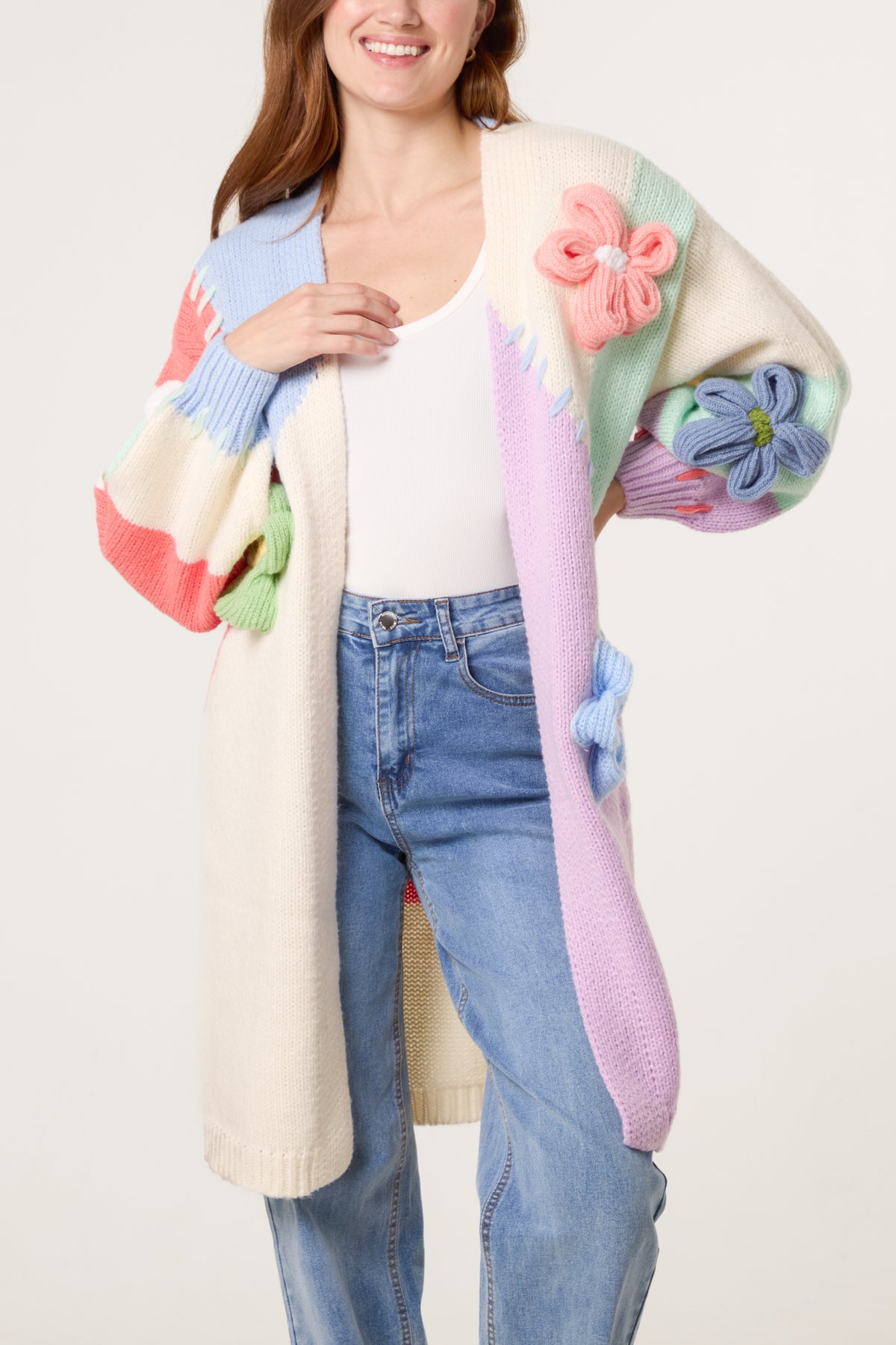 3D Knitted Flower Colourblock Stitch Cardigan