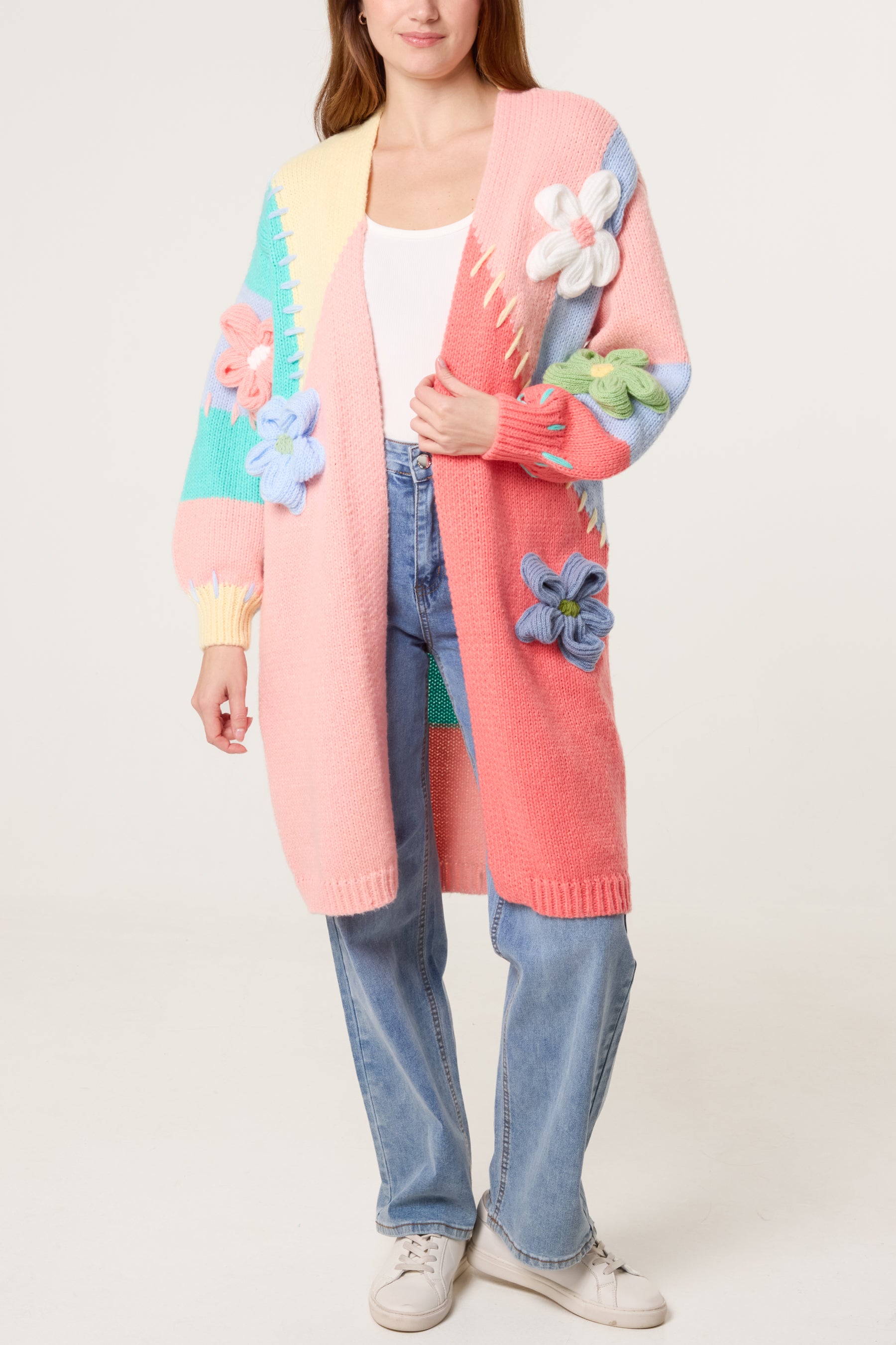 3D Knitted Flower Colourblock Cardigan