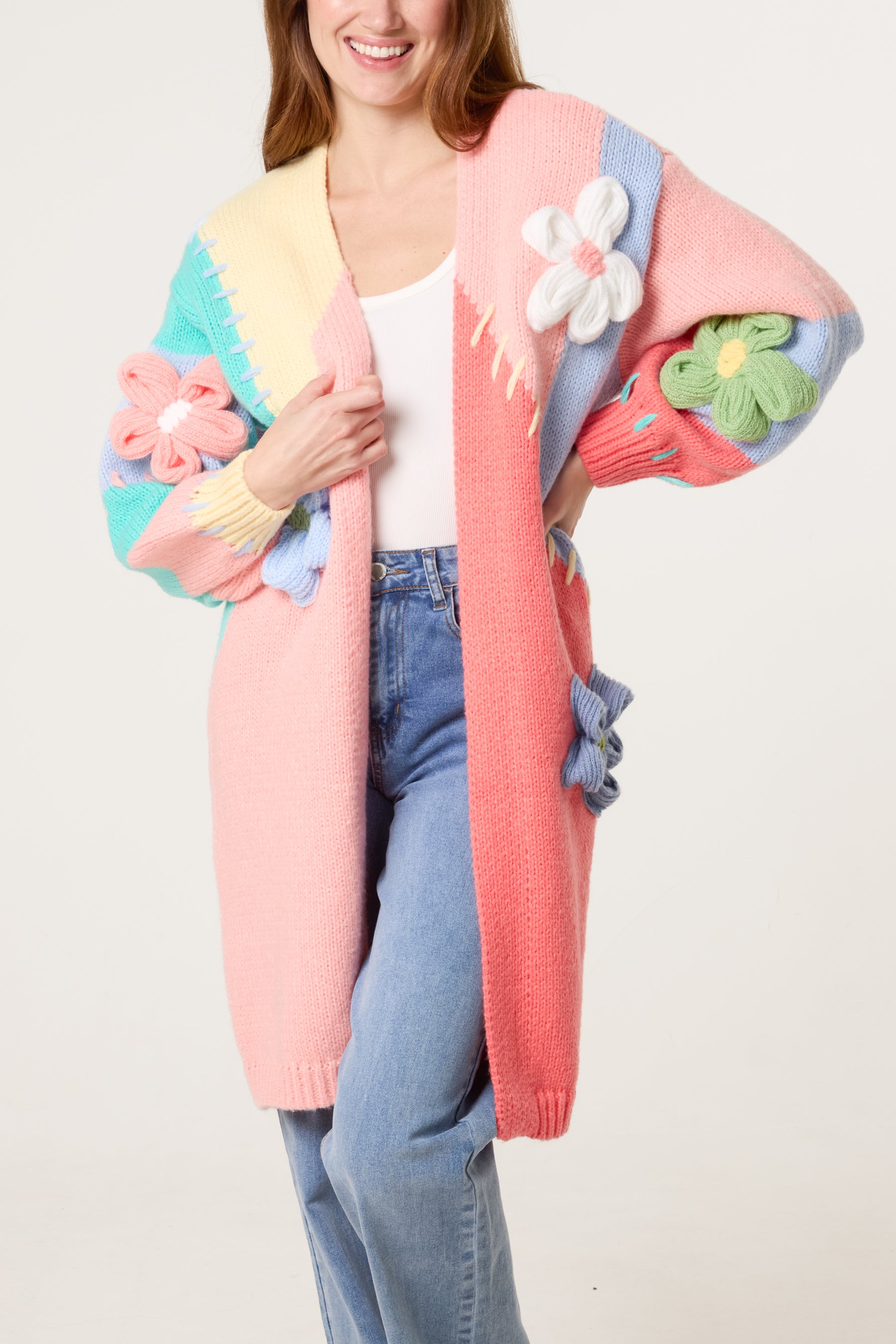3D Knitted Flower Colourblock Cardigan