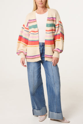 Balloon Sleeve Stripe Knit Cardigan