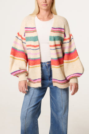 Balloon Sleeve Stripe Knit Cardigan