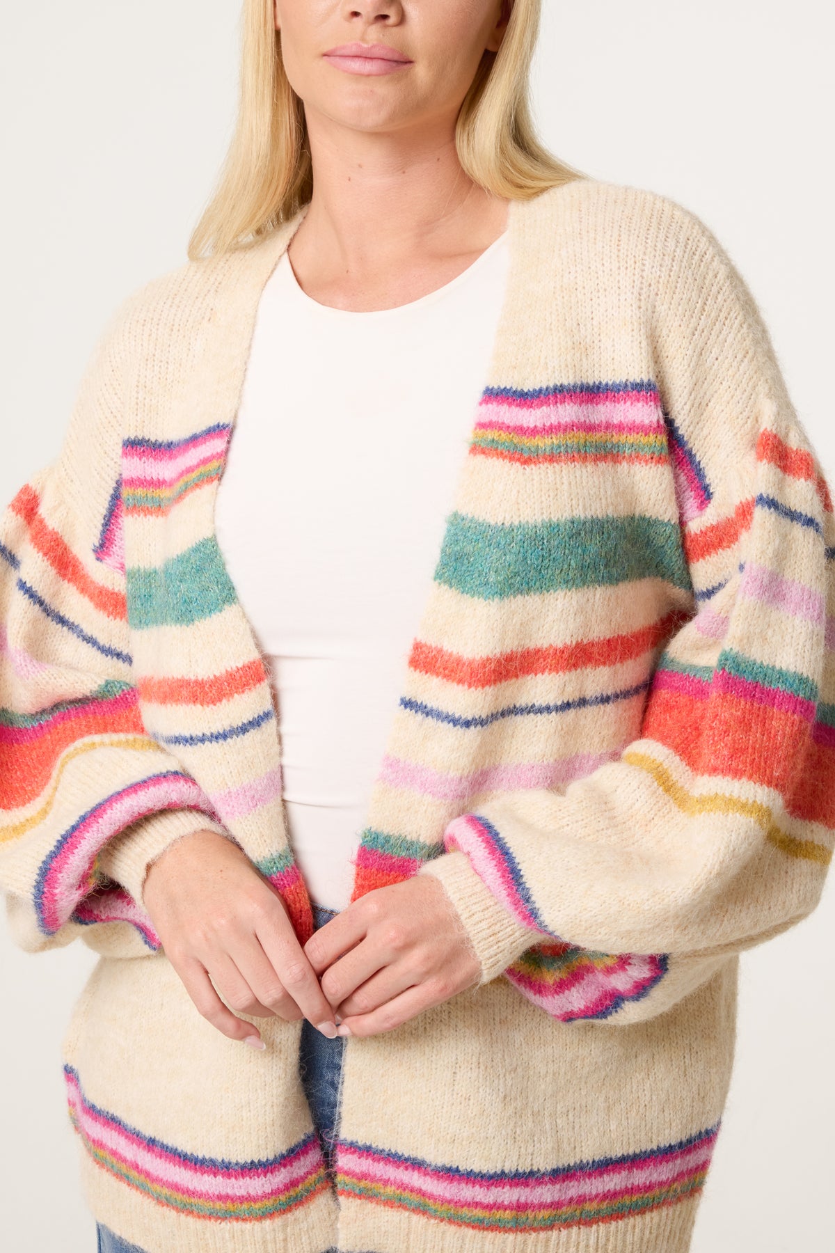 Balloon Sleeve Stripe Knit Cardigan