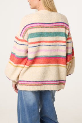 Balloon Sleeve Stripe Knit Cardigan