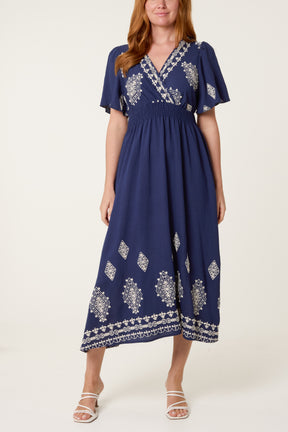 Artisan Embroidery V-Neck Midi Dress