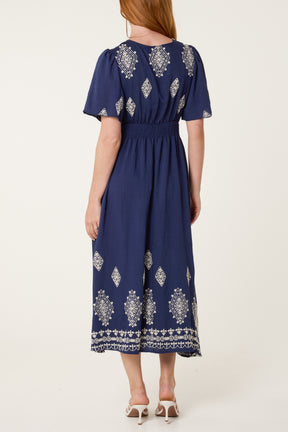Artisan Embroidery V-Neck Midi Dress