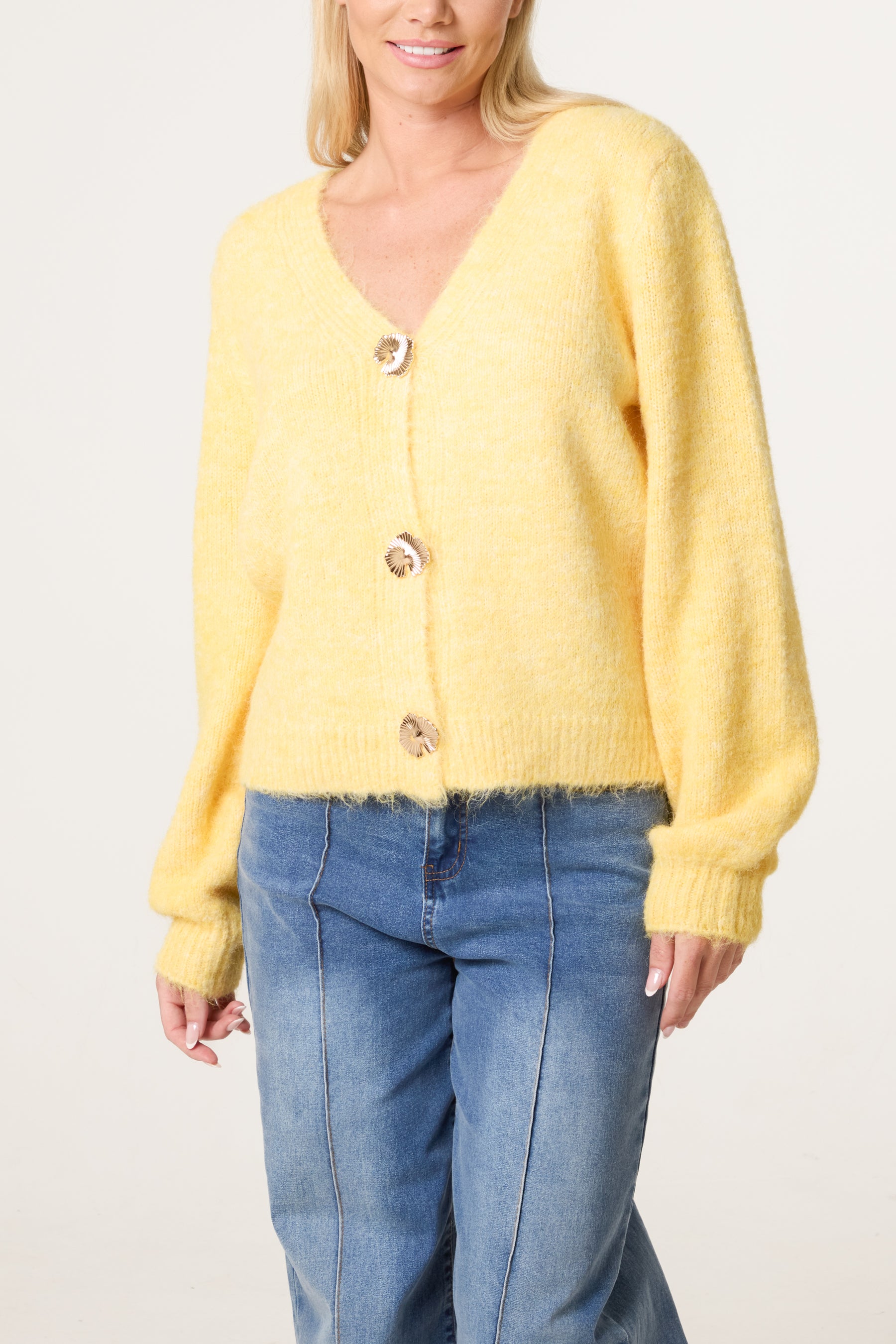 Gold Shell Button Knit Cardigan