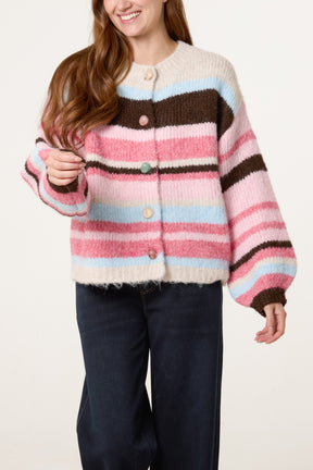 Marble Button Striped Knit Cardigan