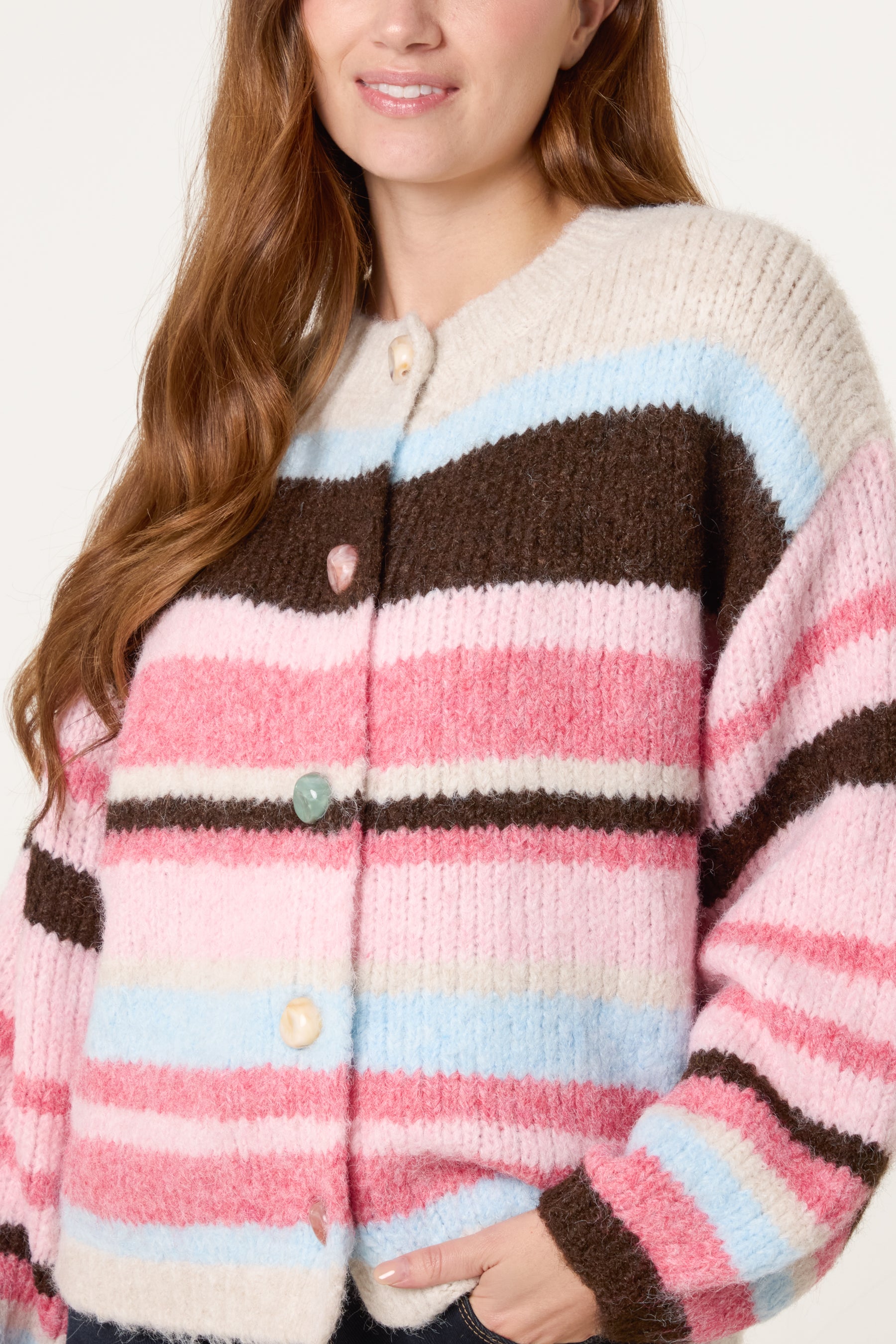 Marble Button Striped Knit Cardigan