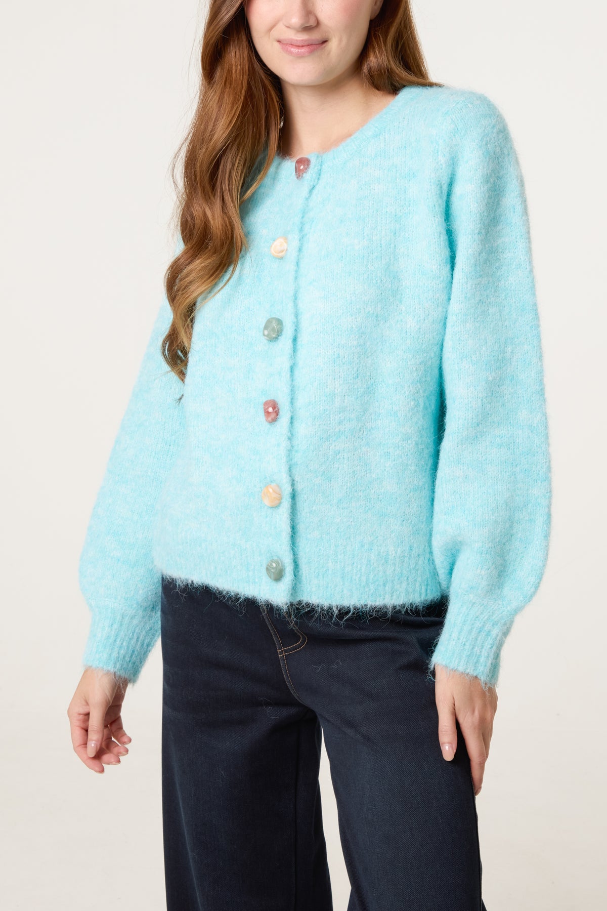 Marble Button Crewneck Knit Cardigan
