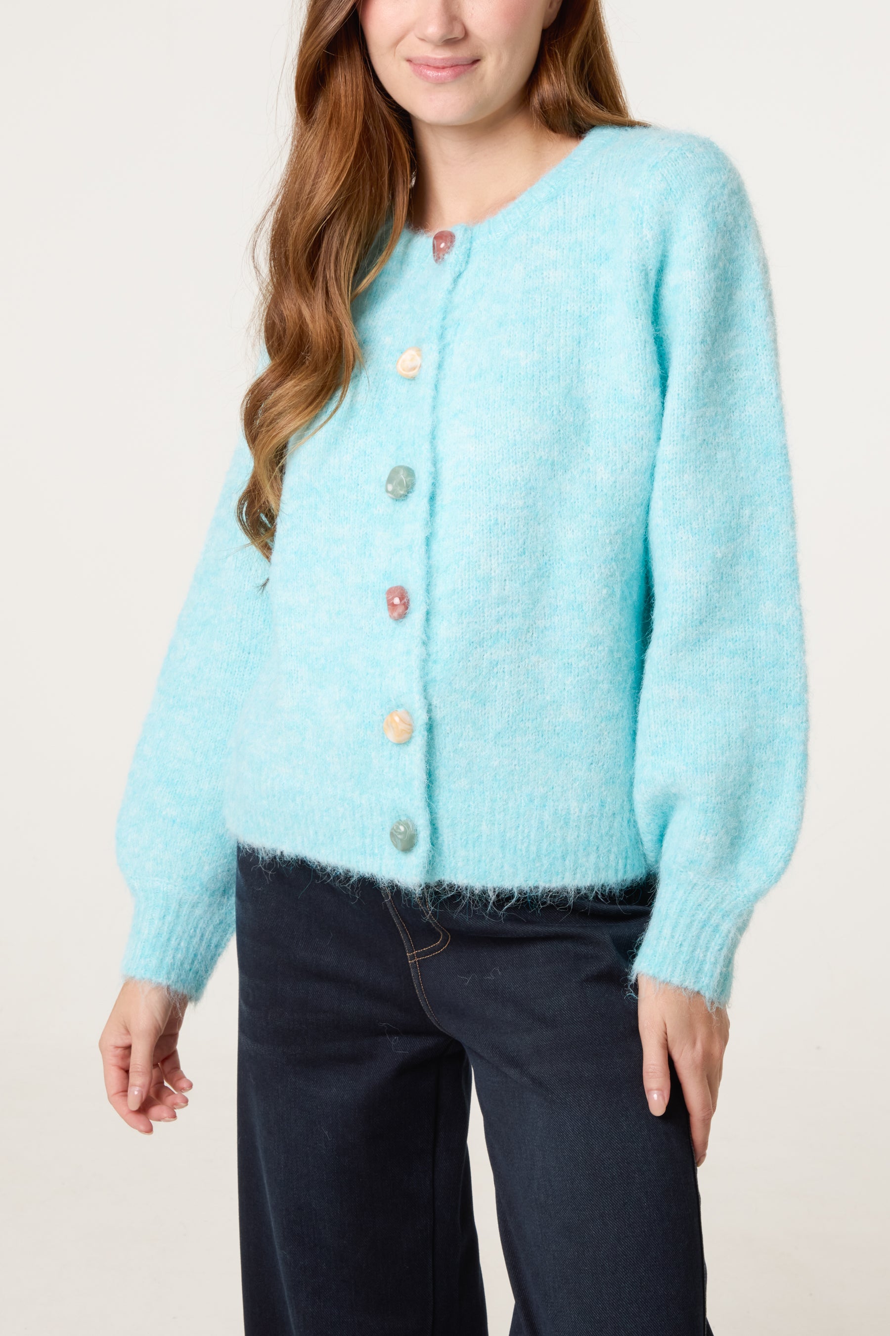Marble Button Crewneck Knit Cardigan