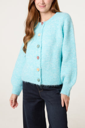 Marble Button Crewneck Knit Cardigan
