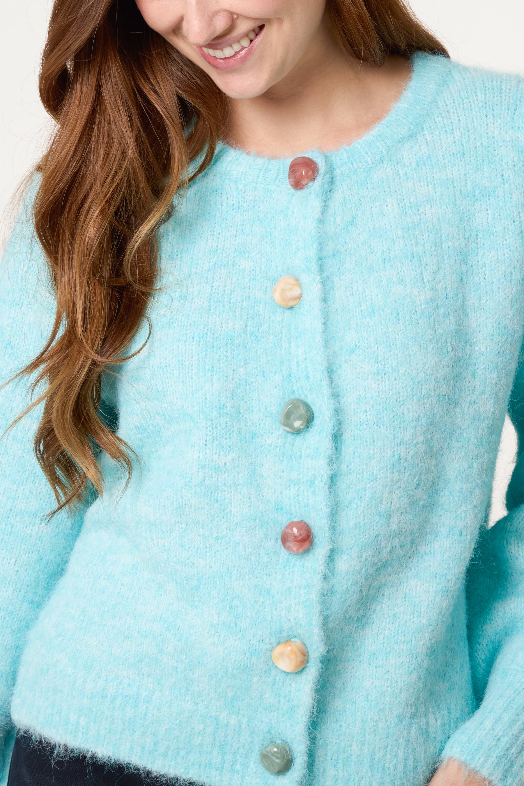 Marble Button Crewneck Knit Cardigan