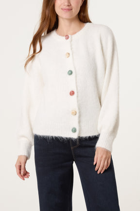Marble Button Crewneck Knit Cardigan