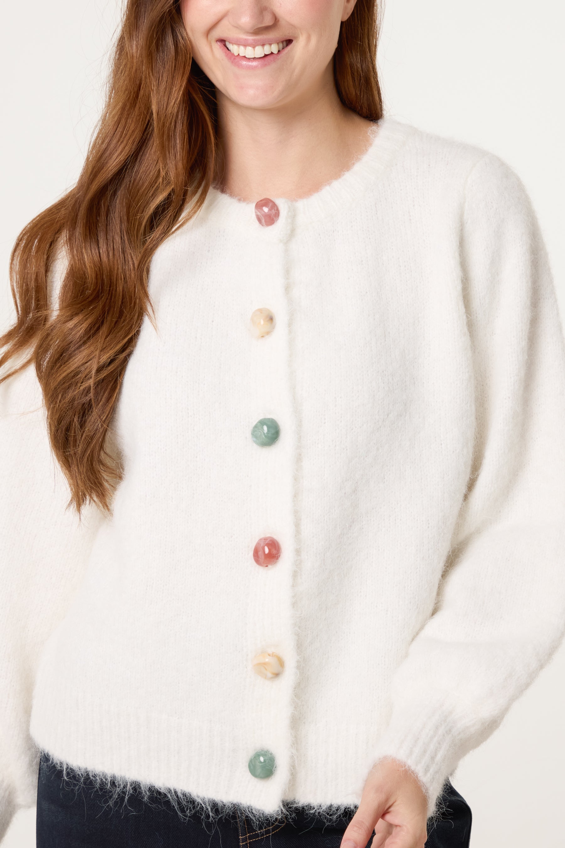 Marble Button Crewneck Knit Cardigan