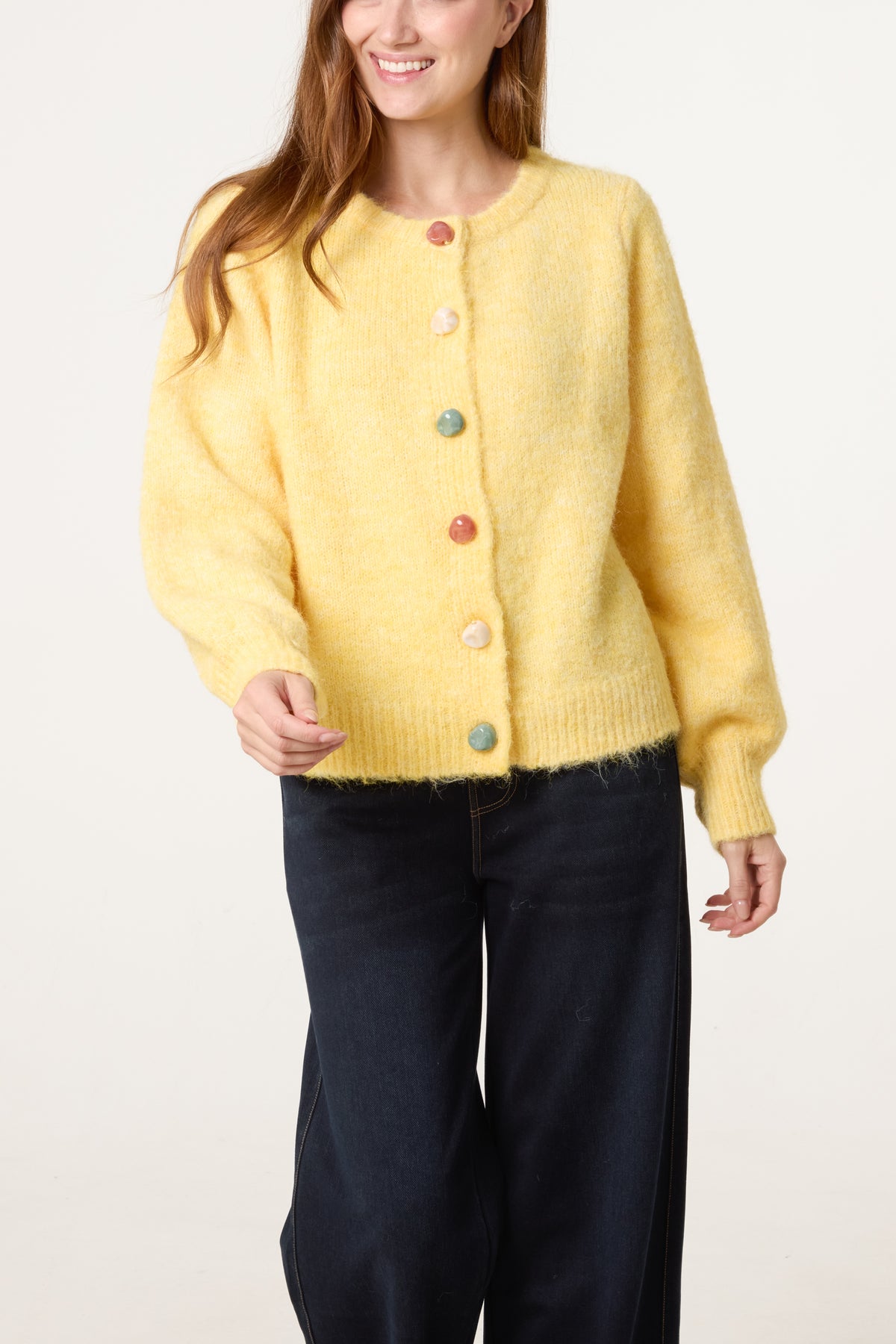 Marble Button Crewneck Knit Cardigan